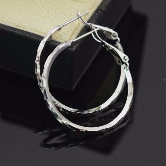 Jewelry - 18K White Gold Filled Silver Carved Hoop Earrings 30mm or 1.18" Gorgeous Gift